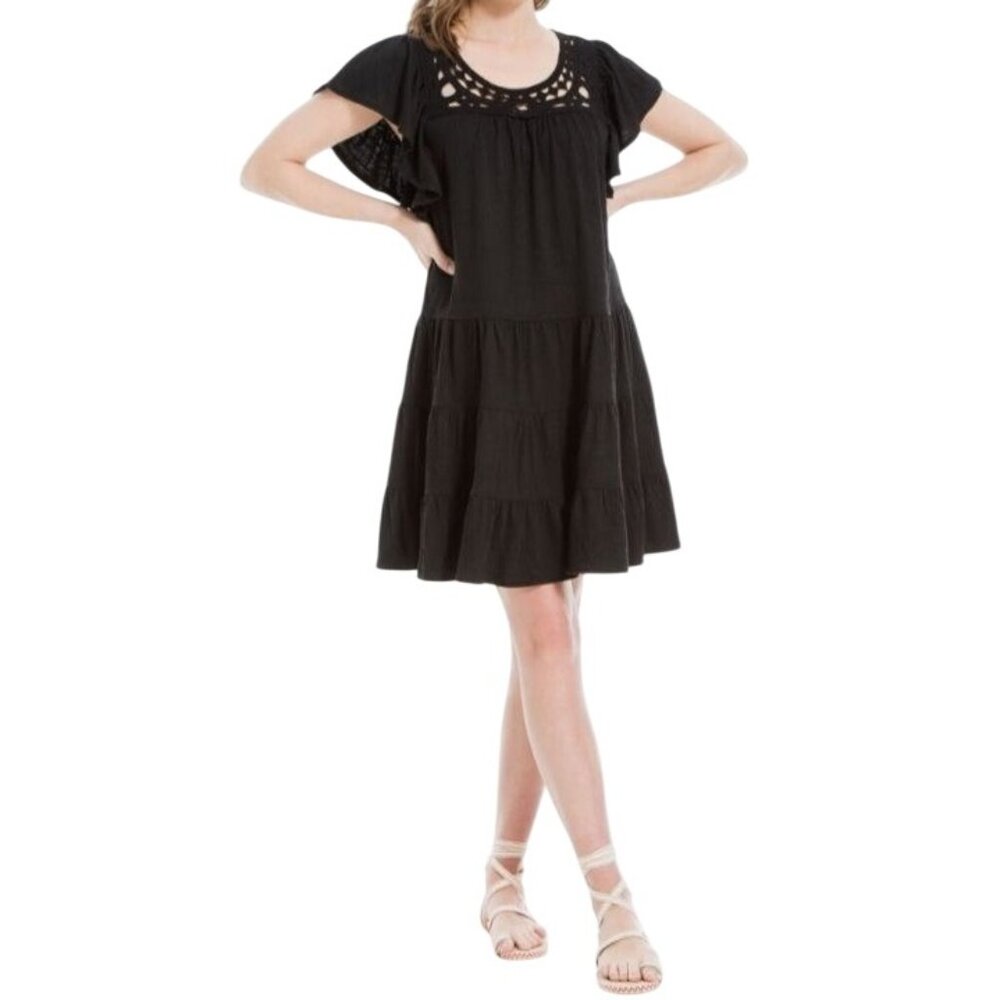 NEW Max‎ Studio Black Crochet Trim Tiered Mini Dress XS Flutter Sleeves